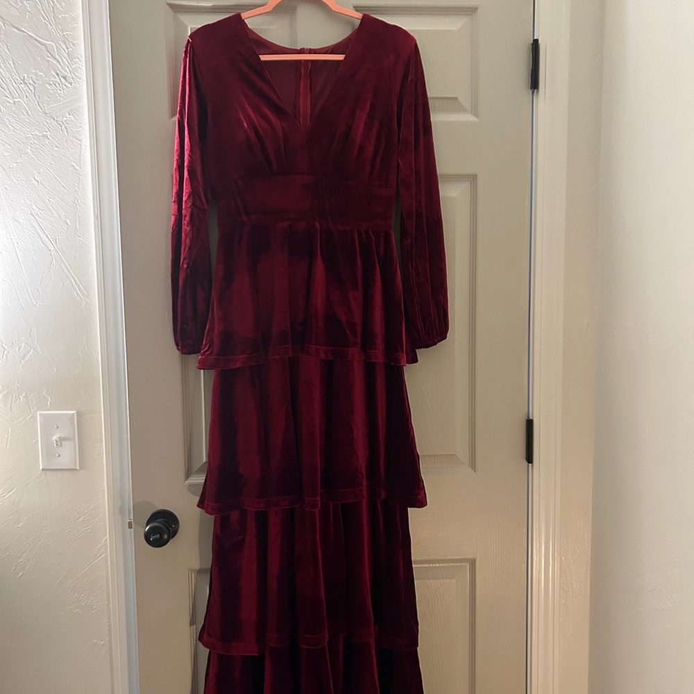 Long Sleeve Burgundy Velvet Tiered Maxi Dress